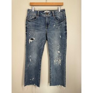 Cabi 100% Boyfriend Jeans Sz 2 Distressed Paint Splatter Raw‎ Hem Cropped Denim